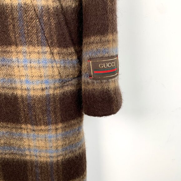 Gucci Color-Block Check Wool Collared Single-Breasted Coat with Belt - Picture 4 of 8